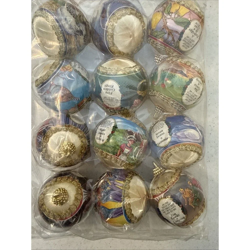 Twelve (12) Vintage Gold Satin Wrapped 12 Days Of Christmas Ornaments New In Box